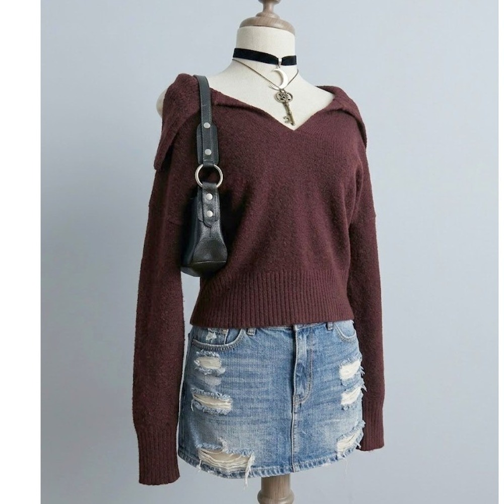 Burgundy‎ Oversized Collar V-Neck Stretchy Knit Sweater Large